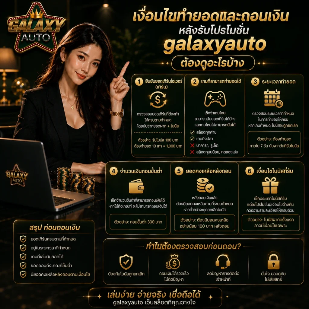 เงื่อนไขทำยอดและถอนเงินหลังรับโปรโมชั่น galaxyauto ต้องดูอะไรบ้าง